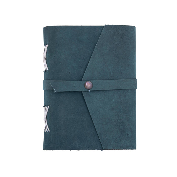 Teal fabric wrap with a button on a white background