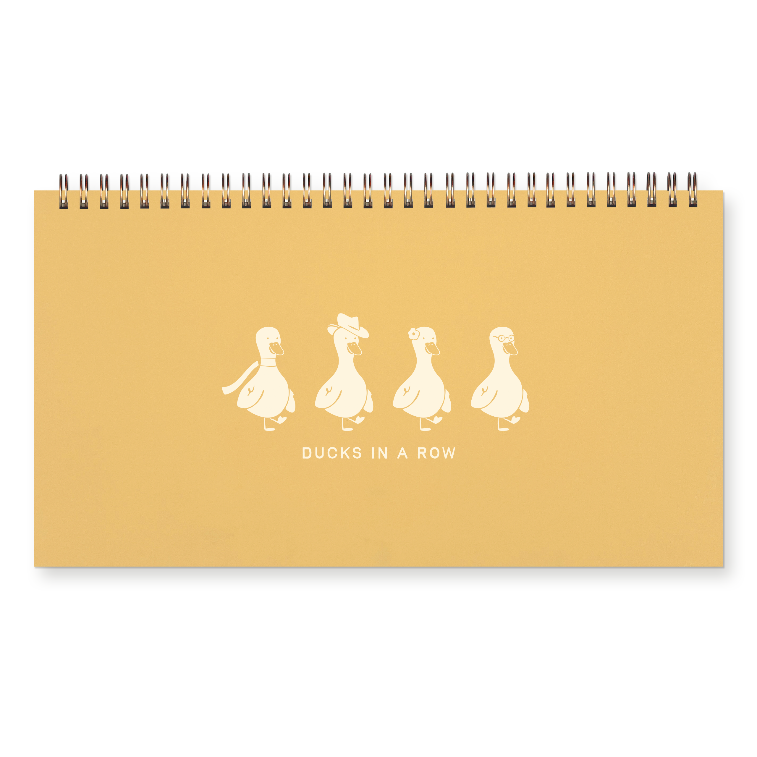 Yellow notebook with white duck illustrations and text on a white background