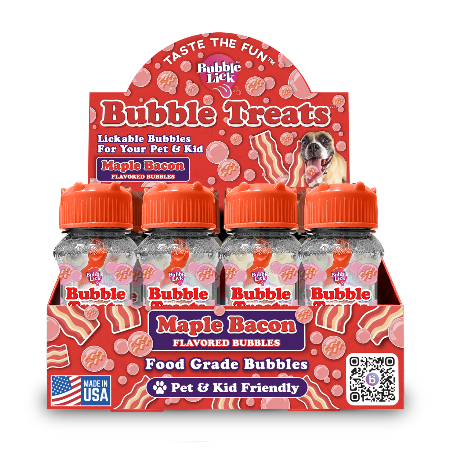 Box of Bubble Lick Bubble Treats Maple Bacon flavor with four bottles on a white background