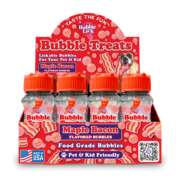 Box of Bubble Lick Bubble Treats Maple Bacon flavor with four bottles on a white background