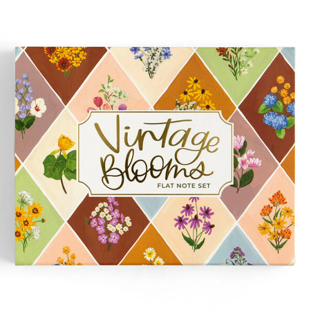 Note set with vintage floral design and 'Vintage Blooms' text on a geometric patterned background.