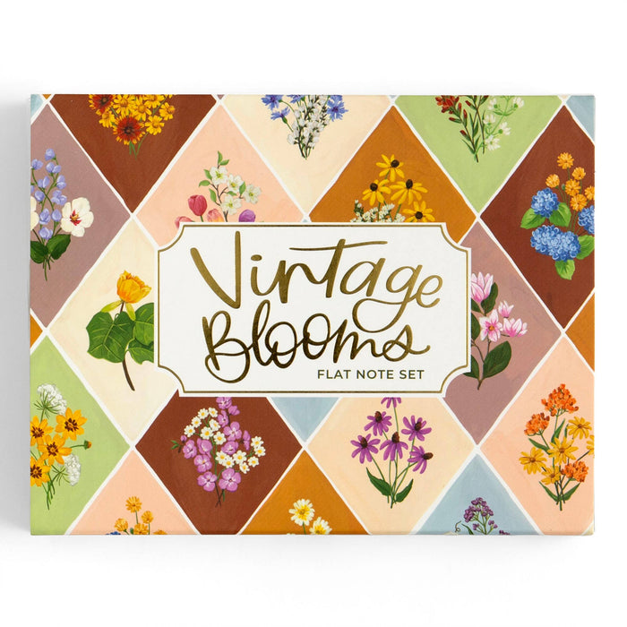 Note set with vintage floral design and 'Vintage Blooms' text on a geometric patterned background.