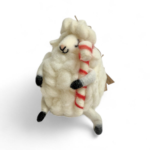 sheep holding a candy cane on a white background