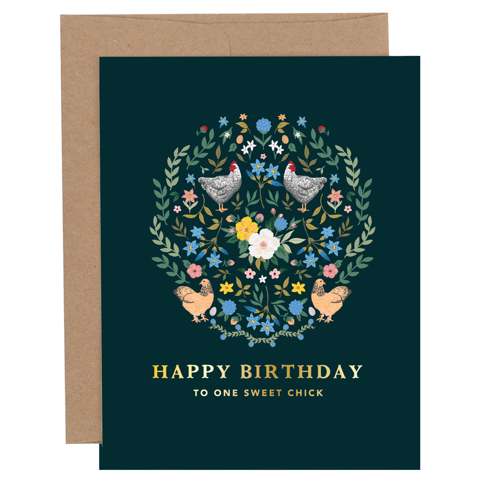 Dark green card on a white background that says " Happy Birthday to one sweet chick"  