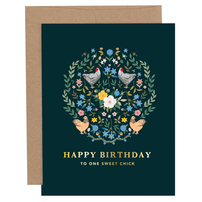 Dark green card on a white background that says " Happy Birthday to one sweet chick"  