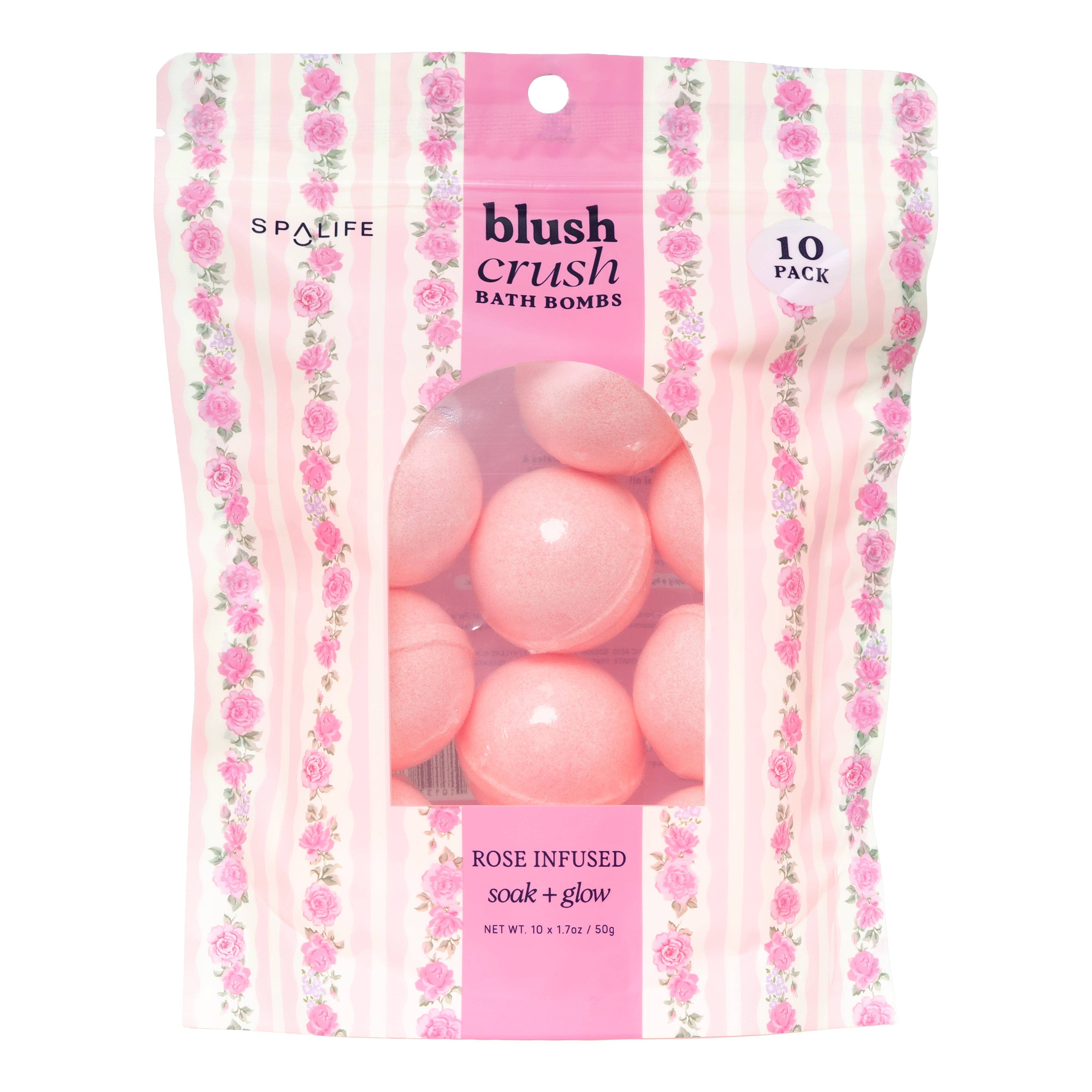 Package of Spa Life blush crush bath bombs with pink and floral design.
