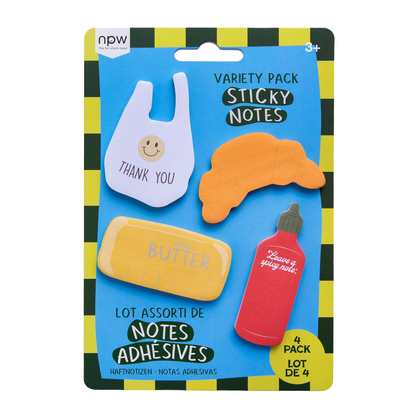 A package of four novelty sticky notes shaped like a bag, a croissant, a stick of butter, and a red bottle, on a blue backing card with a black and yellow striped border.