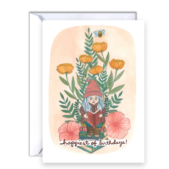 Greeting card with a gnome, flowers, and text on a white background