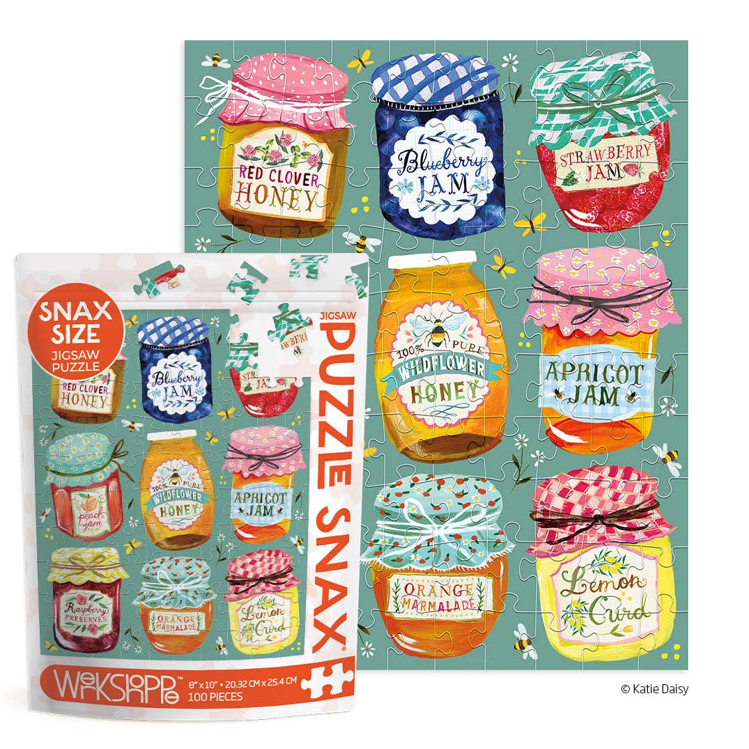 Puzzle Snax jar puzzle with colorful jars on a green background
