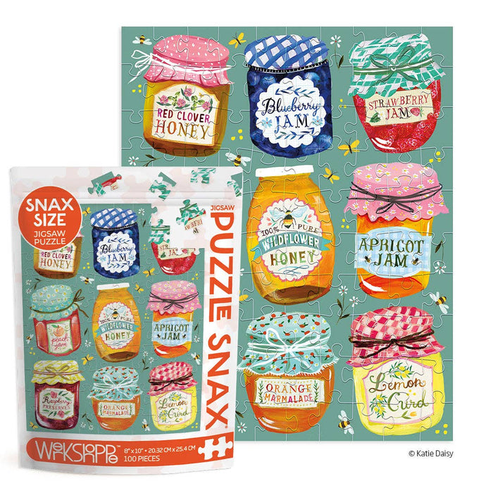 Puzzle Snax jar puzzle with colorful jars on a green background