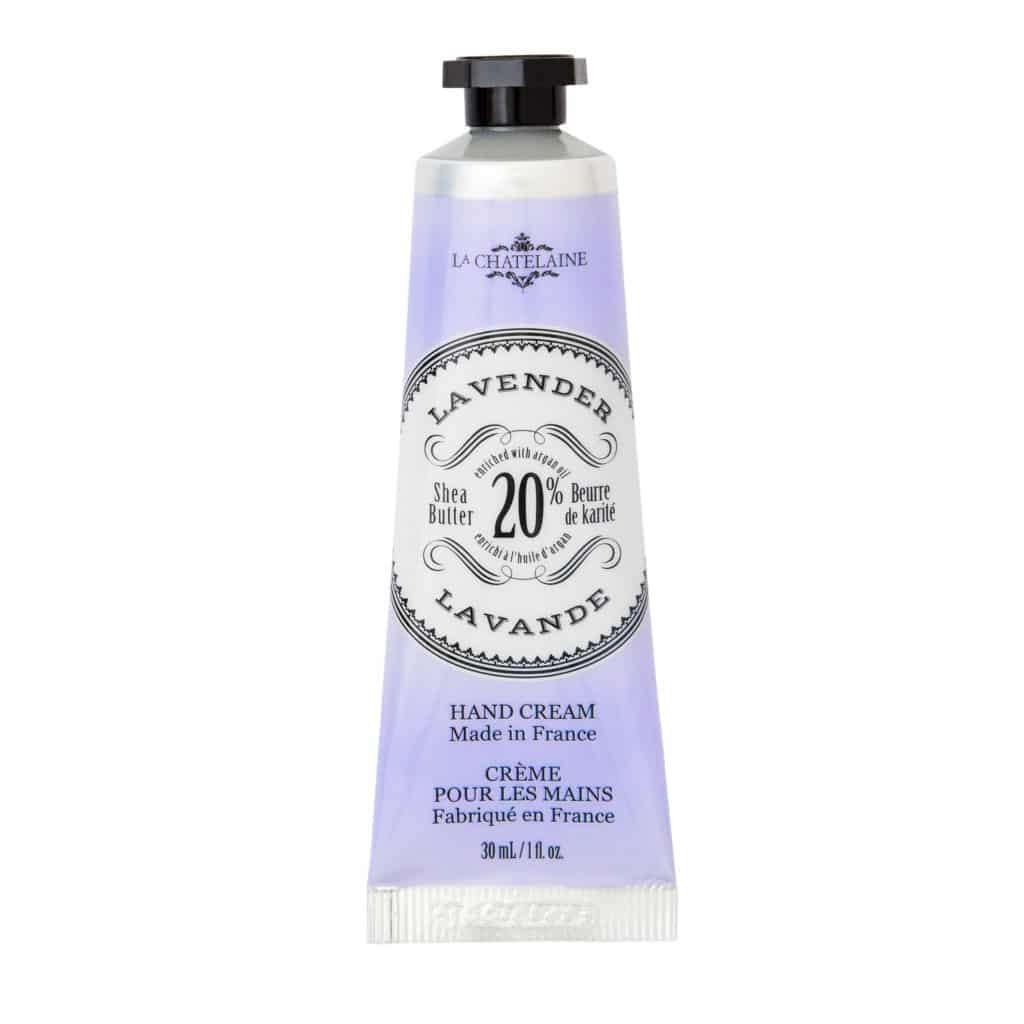 Hand cream tube labeled 'Lavender' with branding on a white background