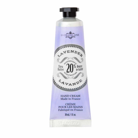 Hand cream tube labeled 'Lavender' with branding on a white background