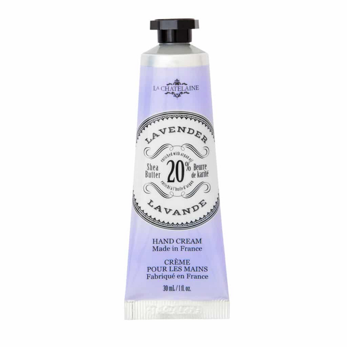 Hand cream tube labeled 'Lavender' with branding on a white background