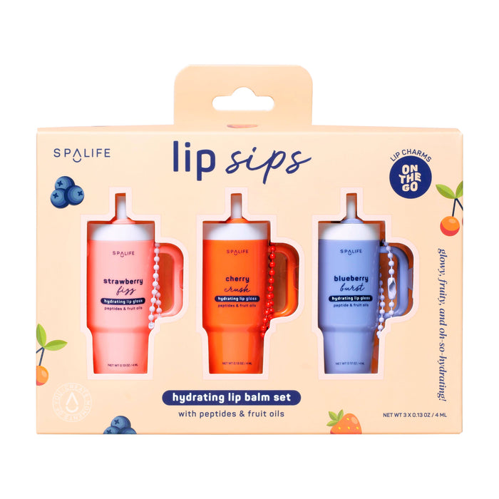 Packaging of Spalife lip balm set with three lip balms in different colors on a beige background.