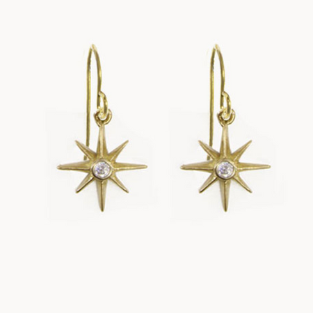 A pair of gold-colored brass starburst earrings with dangling ear wires.