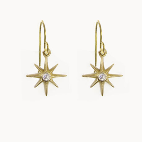 A pair of gold-colored brass starburst earrings with dangling ear wires.
