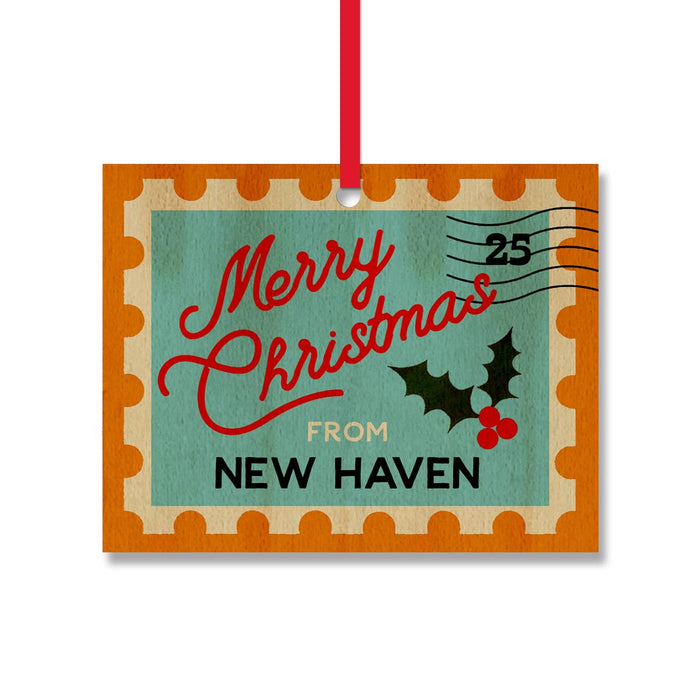 Postage Stamp Personalized Wood Ornament, name drop