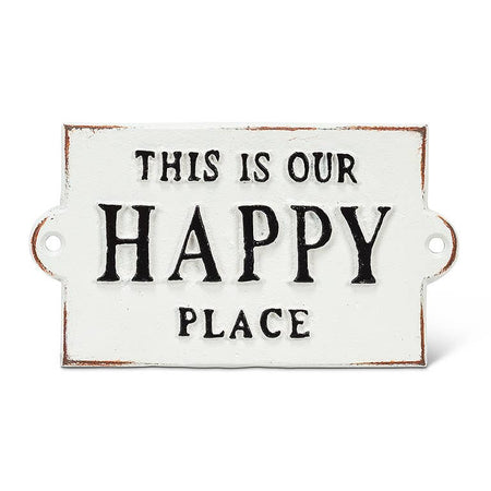Decorative sign with 'This is our happy place' text on a white background