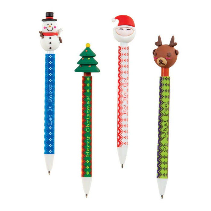 Four Christmas-themed pens with unique designs on a white background