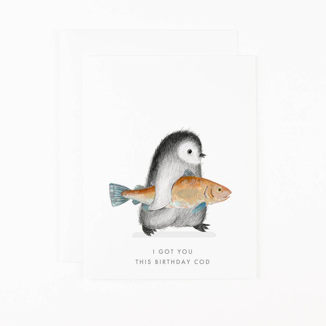 Illustration of a penguin holding a fish with text 'I got you this birthday cod' on a white background