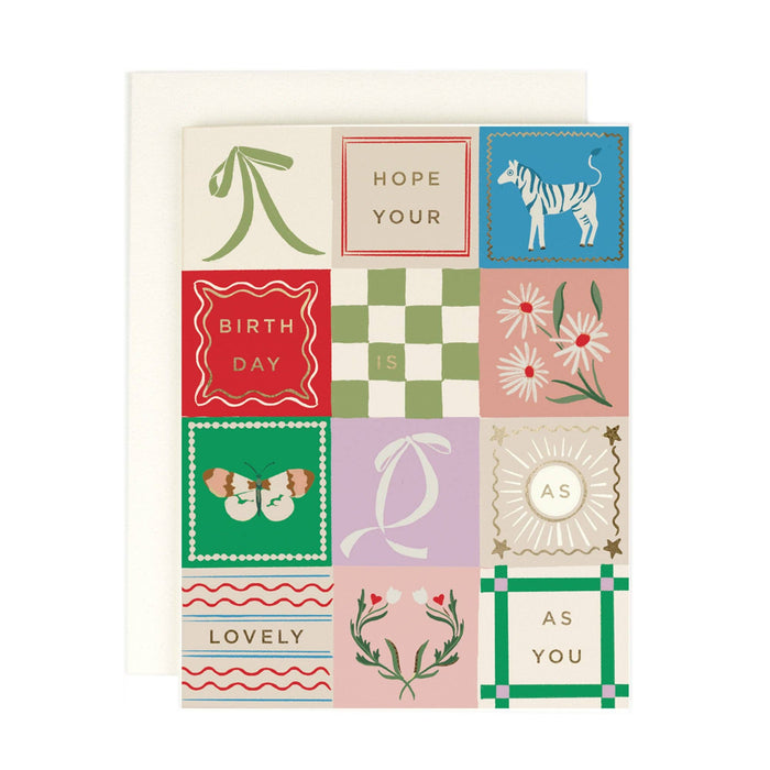Decorative greeting card with various patterns and text on a white background