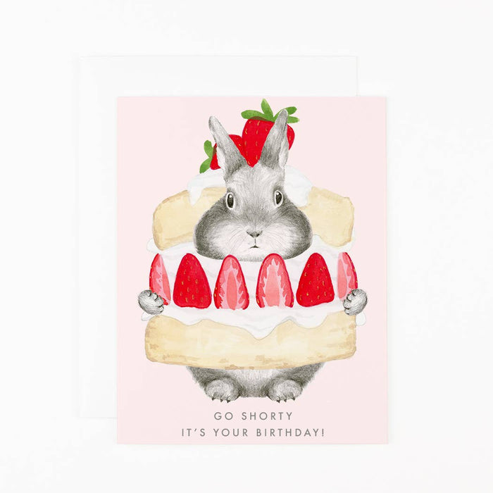 Illustration of a rabbit in a cake with strawberries on a pink background