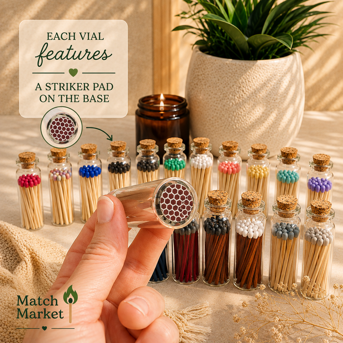 Color Tip Safety Matches in Glass Vial w Striker | 20 Colors