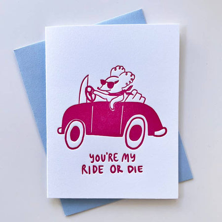 A white greeting card with a pink graphic of a cartoon cat driving a pink convertible, with the text 'YOU'RE MY RIDE OR DIE', shown with a light blue envelope on a light gray background.