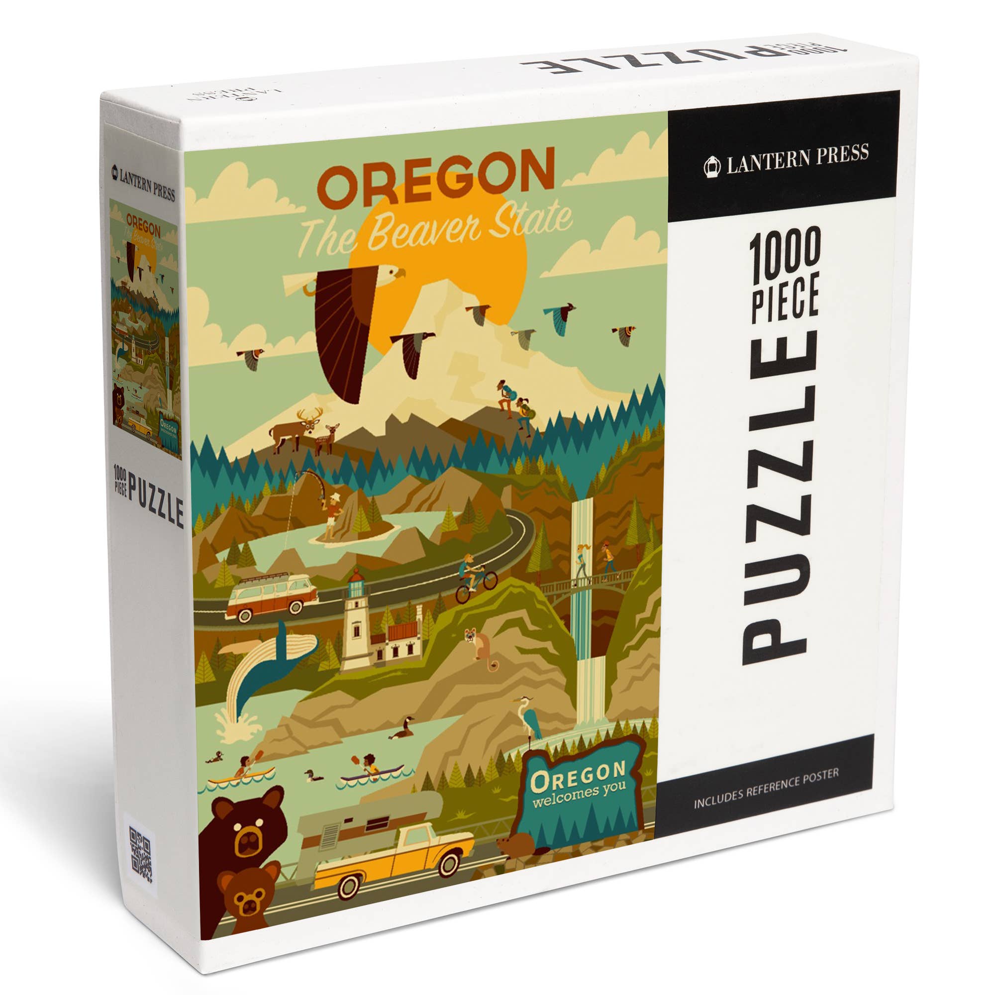 Puzzle box featuring an illustration of Oregon with scenic views and landmarks.