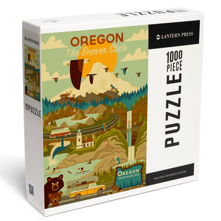 Puzzle box featuring an illustration of Oregon with scenic views and landmarks.