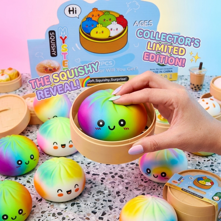photo of rainbow dumpling squishy toy with others in background