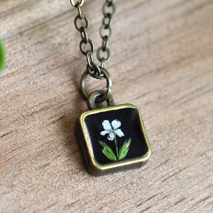Pressed Flower Tiny Square Necklace