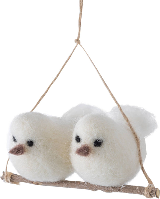 A22405:Felt snowy white birds on a hanging branch, 4.35in
