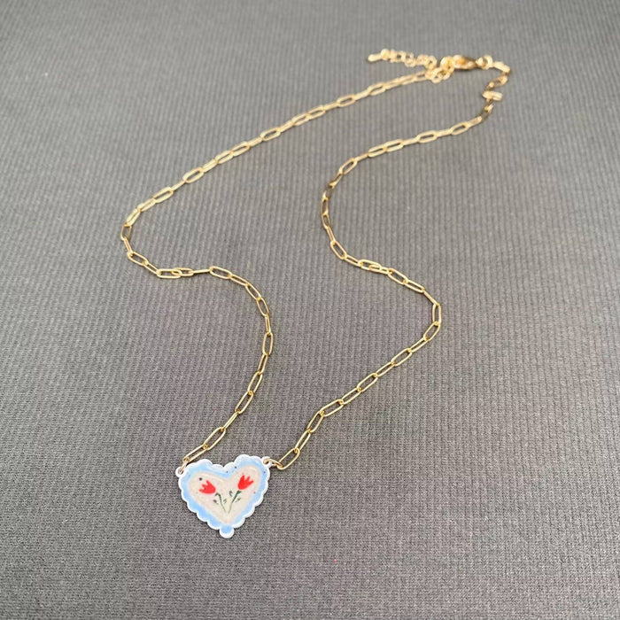 Flower Pattern Heart Charm Necklace