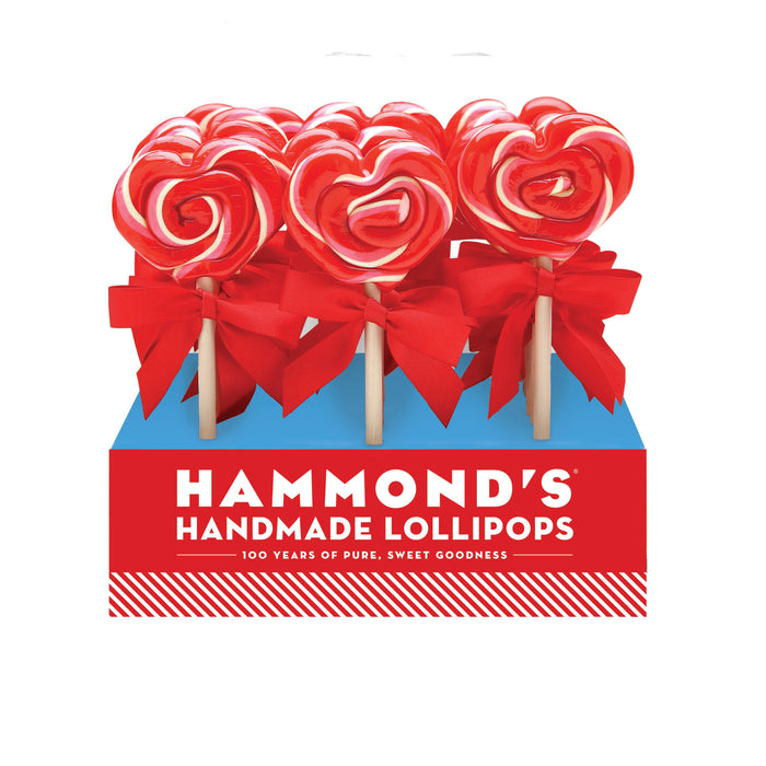 Box of Hammond's Handmade Lollipops with red heart-shaped lollipops on a white background