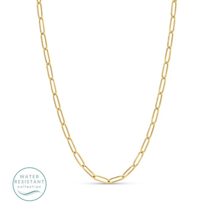 Gold chain necklace on a white background with 'Water Resistant' logo.