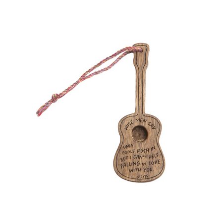 wooden guitar ornament with kantha string featuring a song lyric from a popular artist