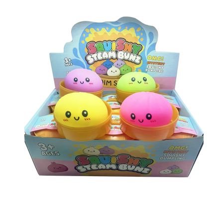 Box of Squishy Steam Buns with colorful characters on a white background