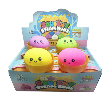 Box of Squishy Steam Buns with colorful characters on a white background