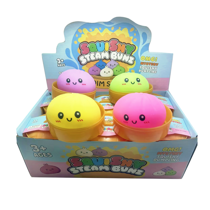 Box of Squishy Steam Buns with colorful characters on a white background