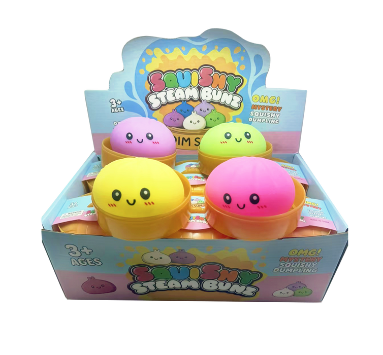 Box of Squishy Steam Buns with colorful characters on a white background