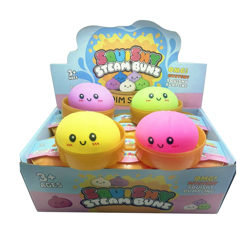 Box of Squishy Steam Buns with colorful characters on a white background
