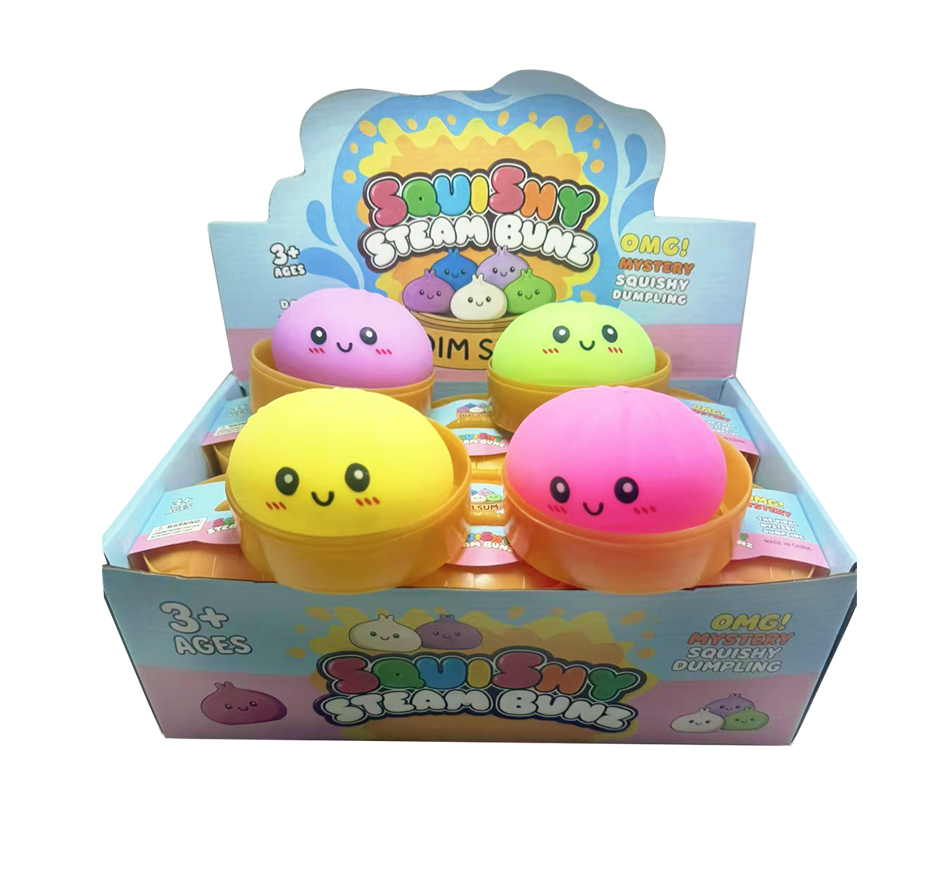 Box of Squishy Steam Buns with colorful characters on a white background