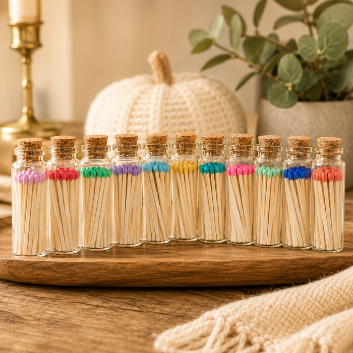 Color Tip Safety Matches in Glass Vial w Striker | 20 Colors