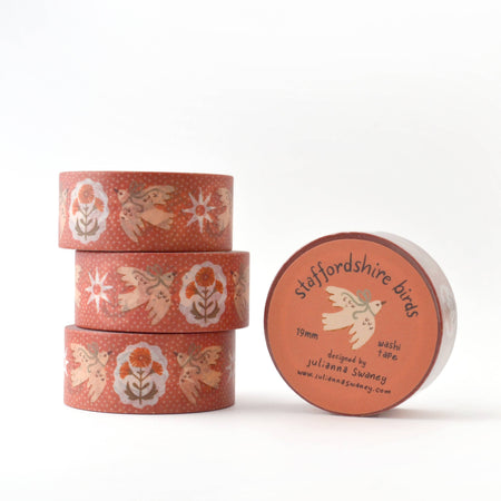 Stack of washi tape with 'Staffordshire birds' design on a white background
