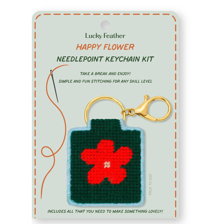 Lucky Feather Happy Flower needlepoint keychain kit on packaging