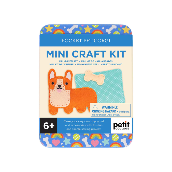 Mini craft kit packaging with a dog illustration and colorful border on a white background