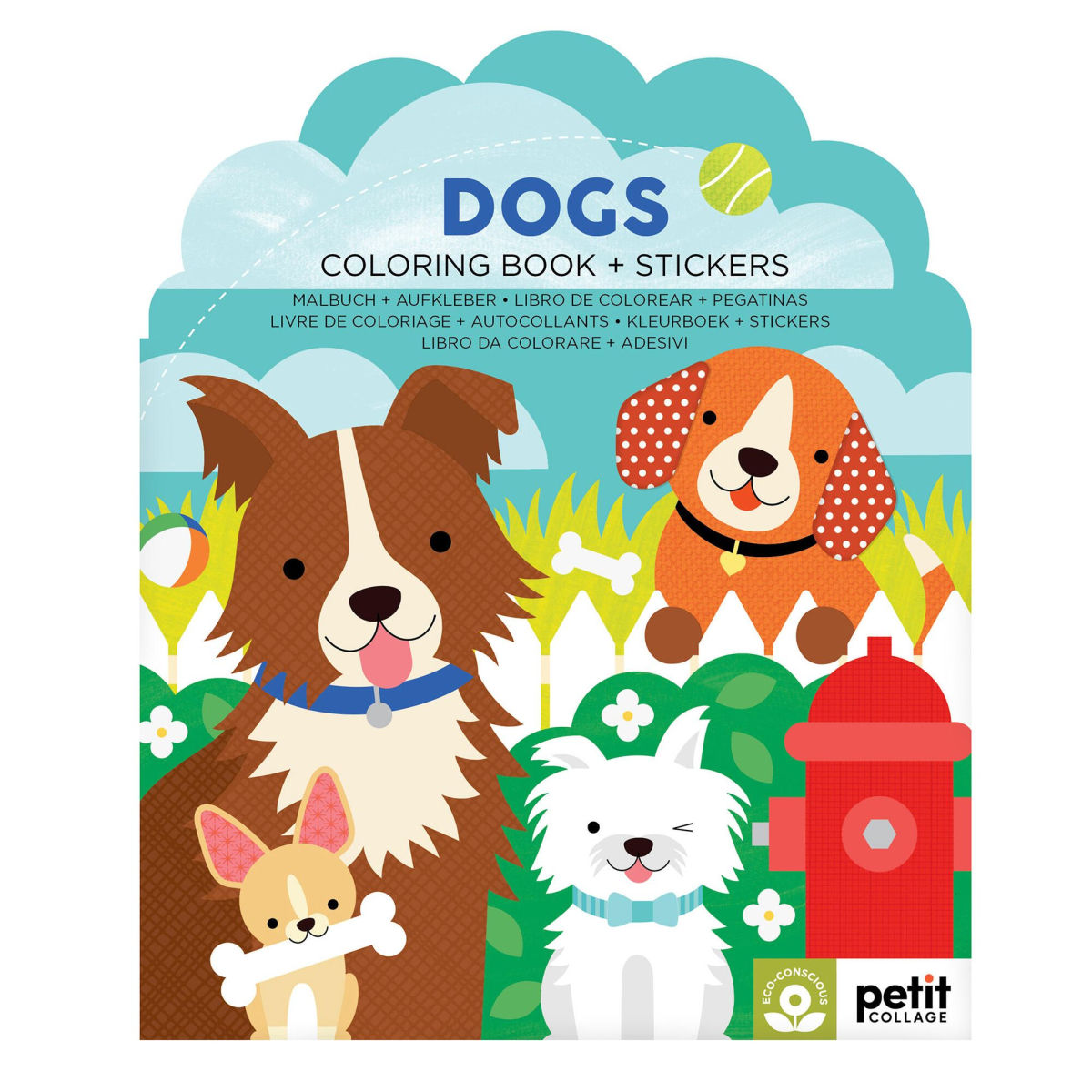Coloring book and stickers set with cartoon dogs on a white background