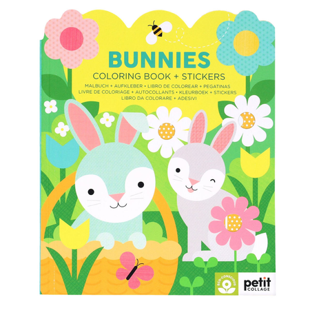 Coloring book and stickers set with bunnies on a green background, featuring Petit Collage branding.