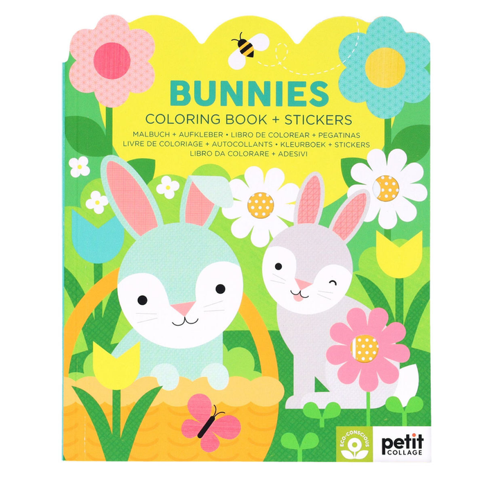 Coloring book and stickers set with bunnies on a green background, featuring Petit Collage branding.